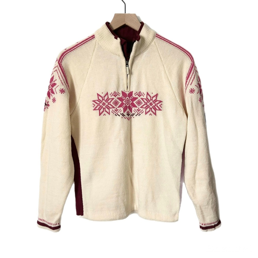 Dale of Norway Womens Merino Wool Quarter Zip Nordic Snowflake Sweater Cream Med